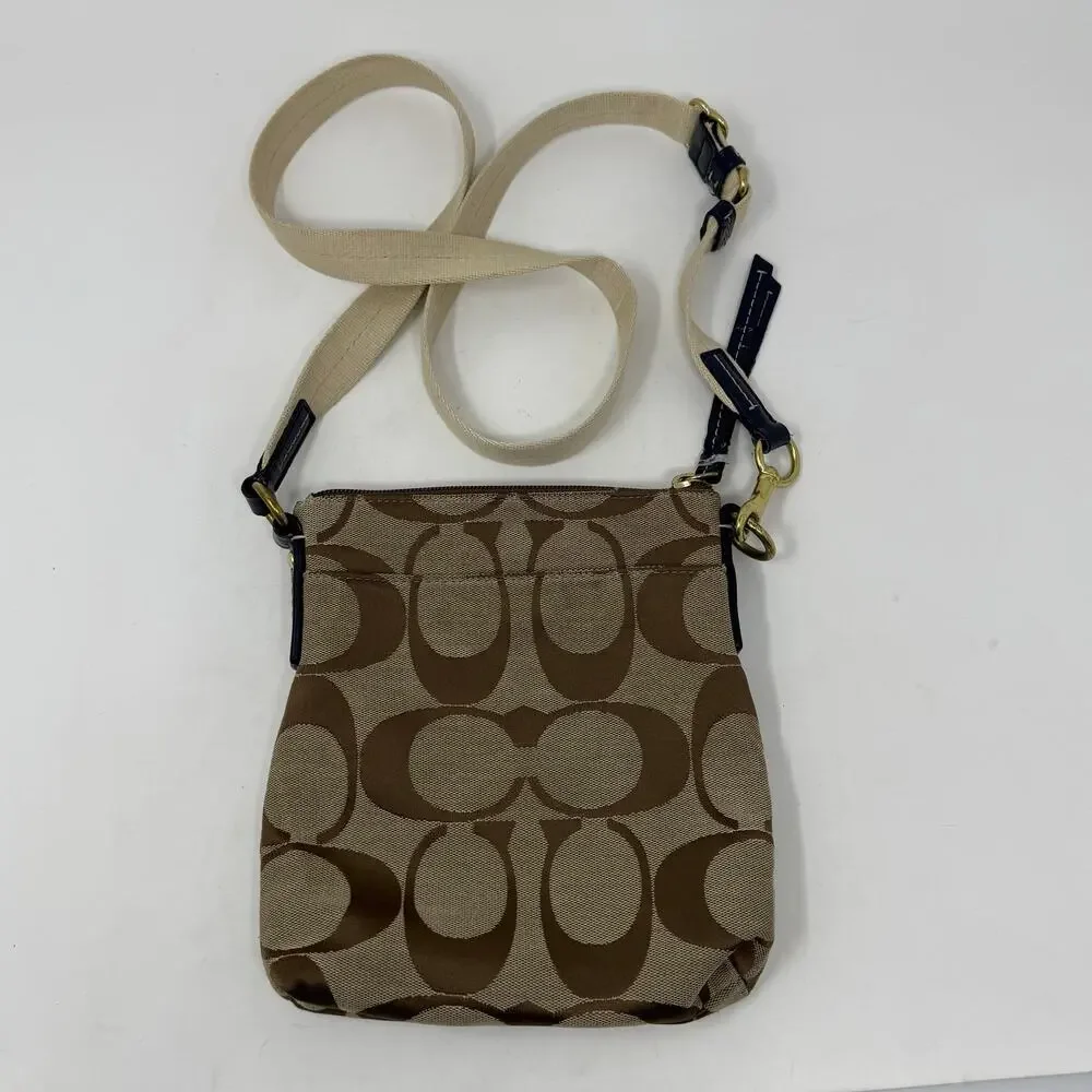 Coach Legacy Signature Stripe Swingpack Crossbody Bag Khaki Navy Canvas Purse